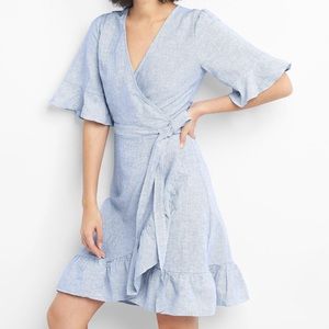 Gap Ruffle Wrap Dress Linen Blue & White Stripe